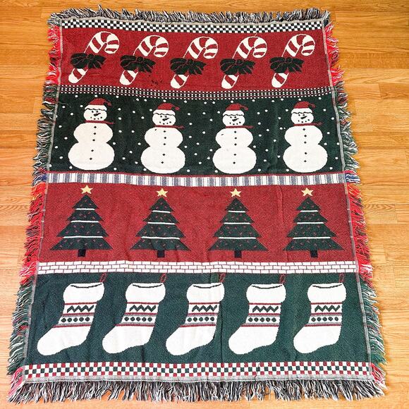 Lillian Vernon Vintage Christmas Woven Throw Blanket Snowman Candy Cane Blanket - Picture 1 of 4